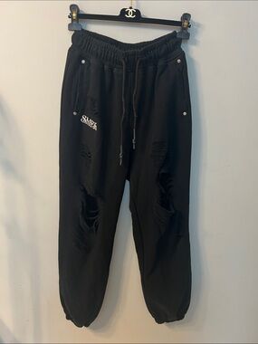 Black Distressed Men's Jogger Pants with Drawstring